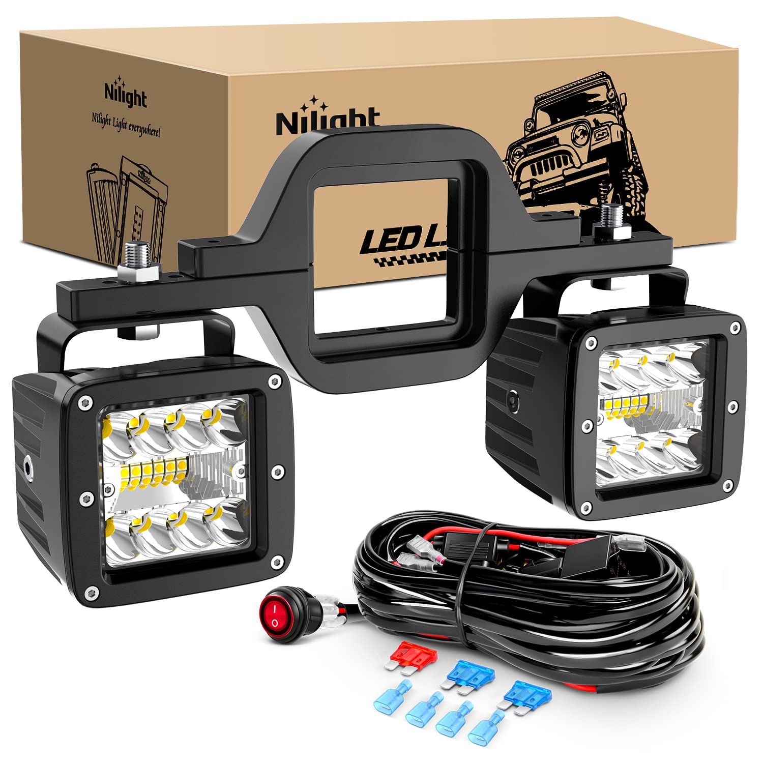 Nilight front view of LED pods showing compact housing and bright output benefit