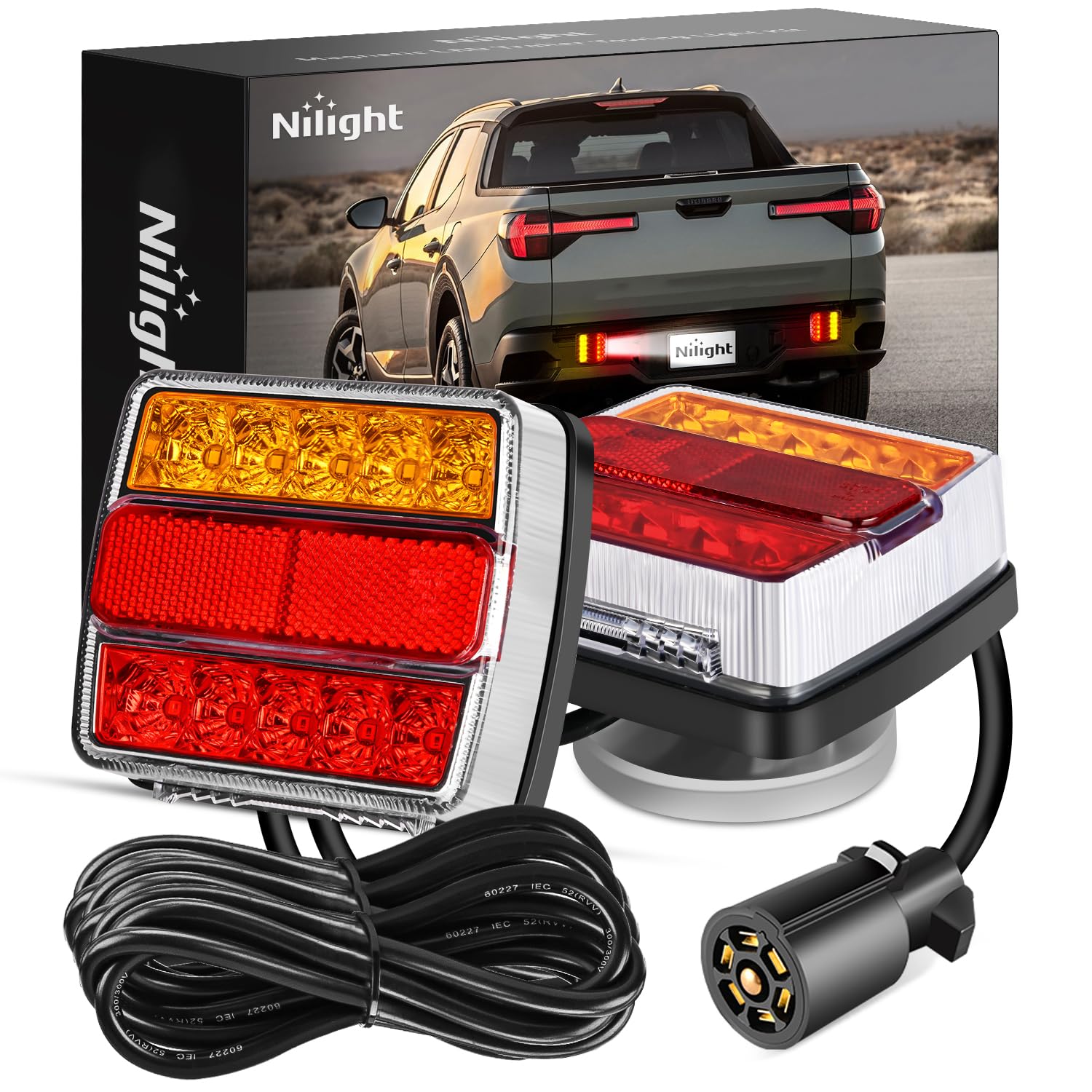 Nilight front view magnetic LED trailer lights showing complete kit for quick setup
