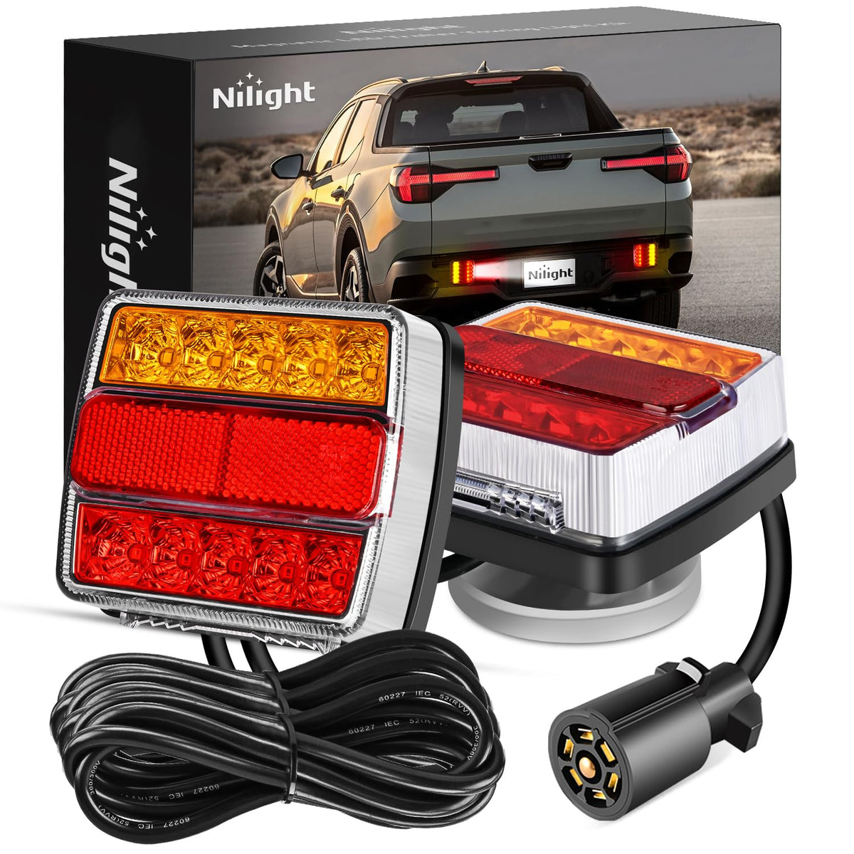 Nilight front view magnetic LED trailer lights showing complete kit for quick setup