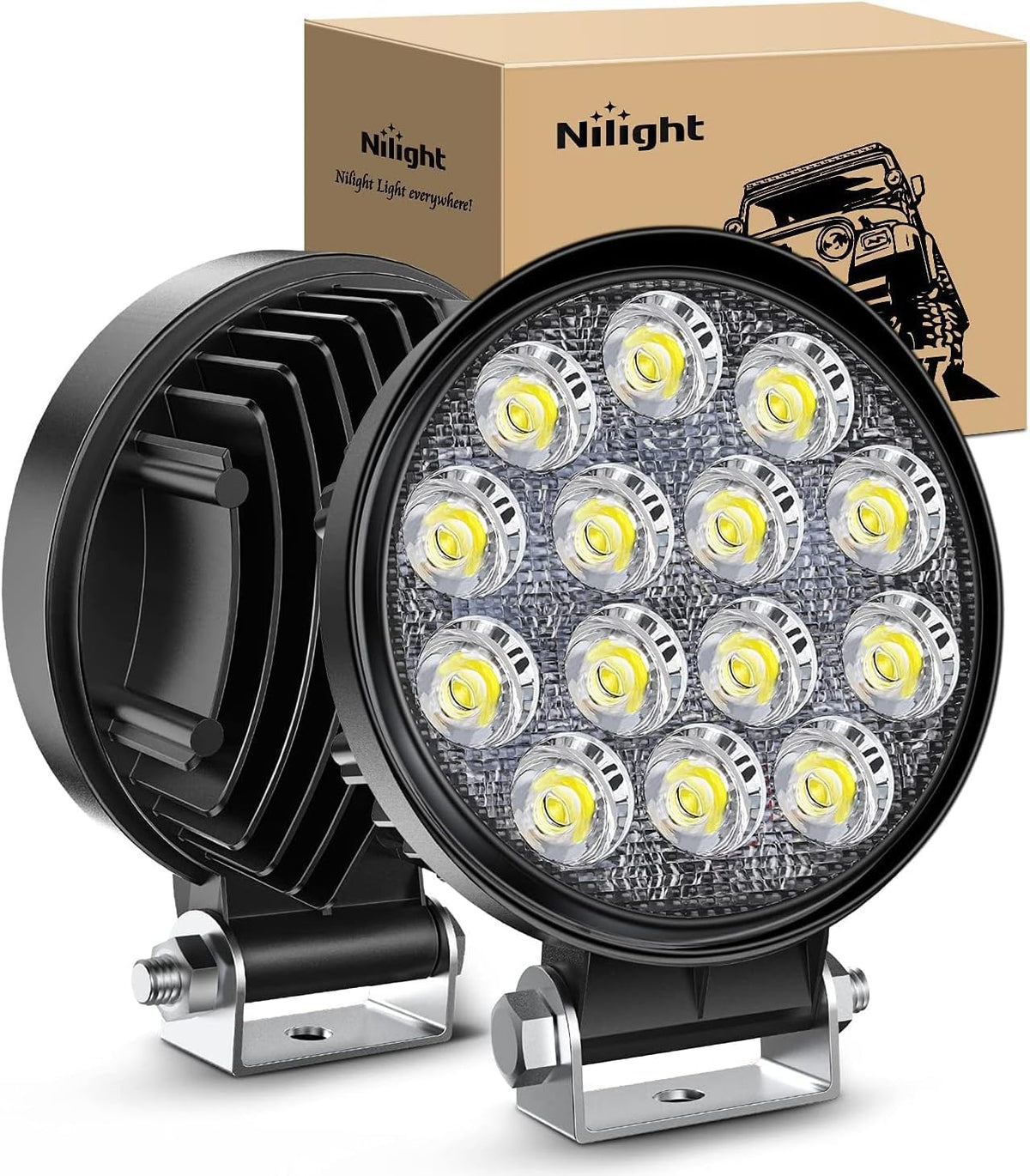 Nilight front view of two 4.5-inch LED pods showing compact design and powerful flood beam benefit