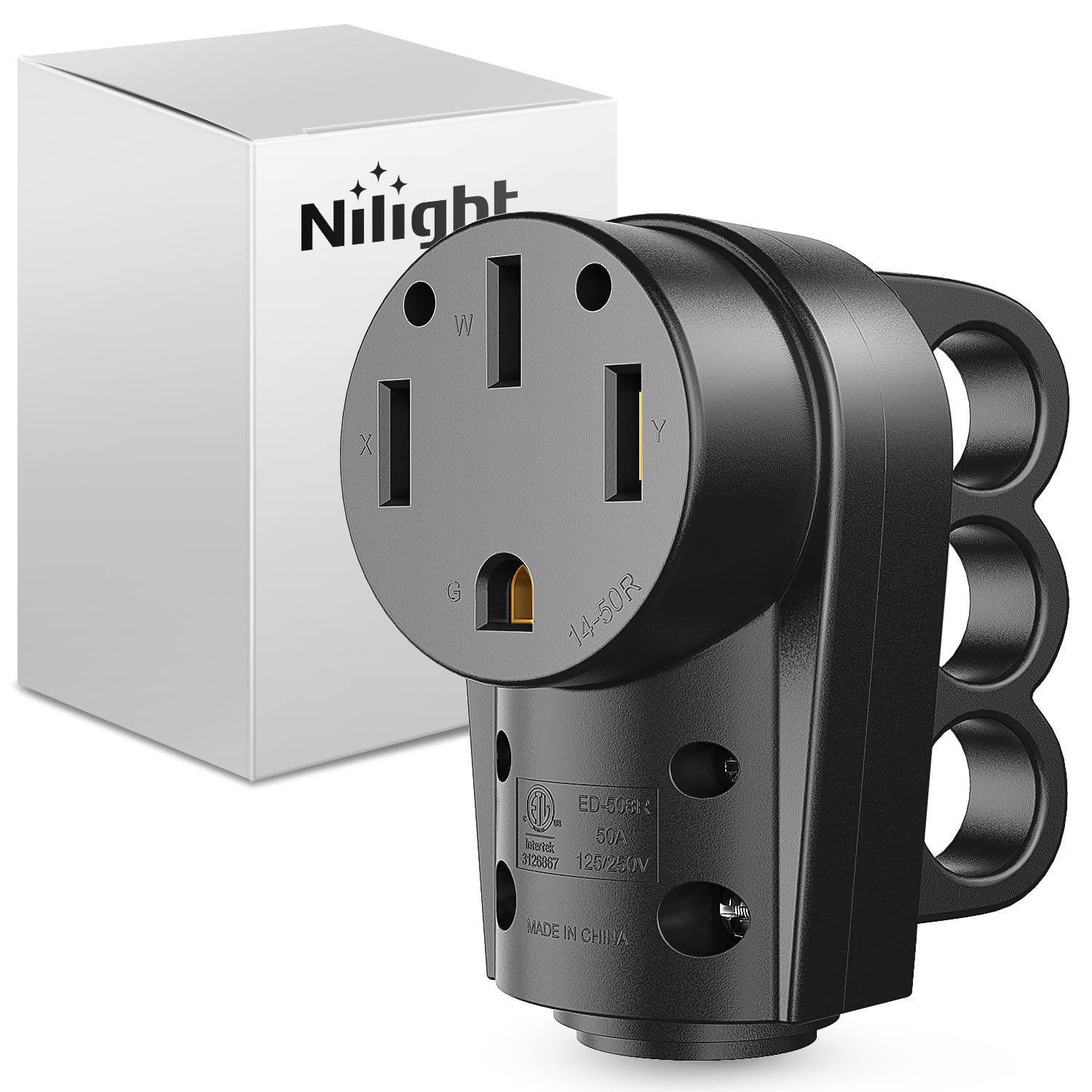 Nilight front view of 50A female plug showing NEMA 14-50R face and safe connection