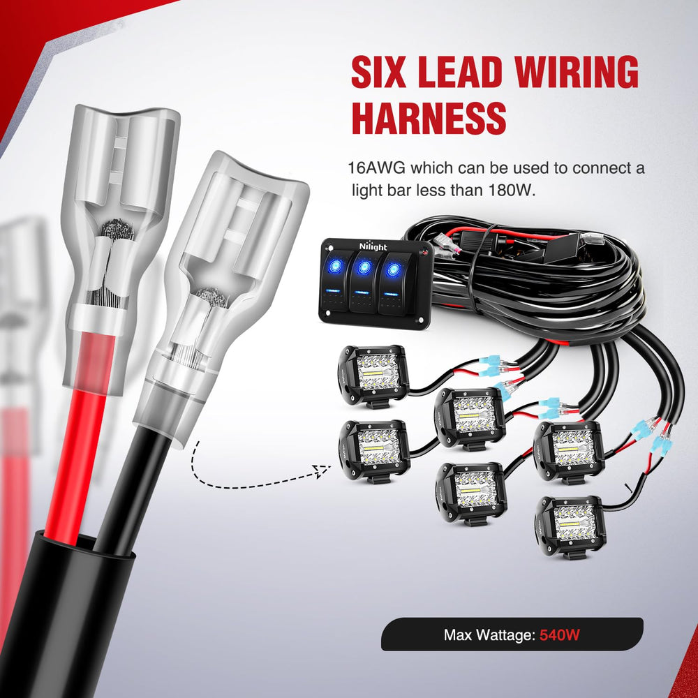 Nilight full-length 9.8ft wiring harness laid out to show cable reach and routing options
