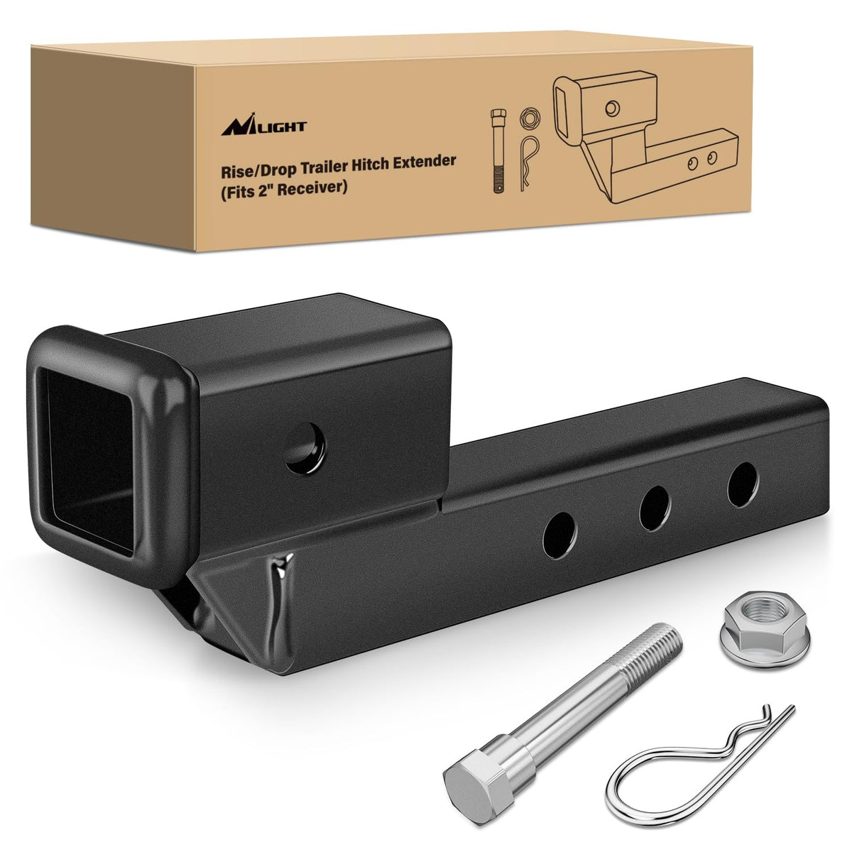 Nilight front view of hitch extension showing mount and benefits
