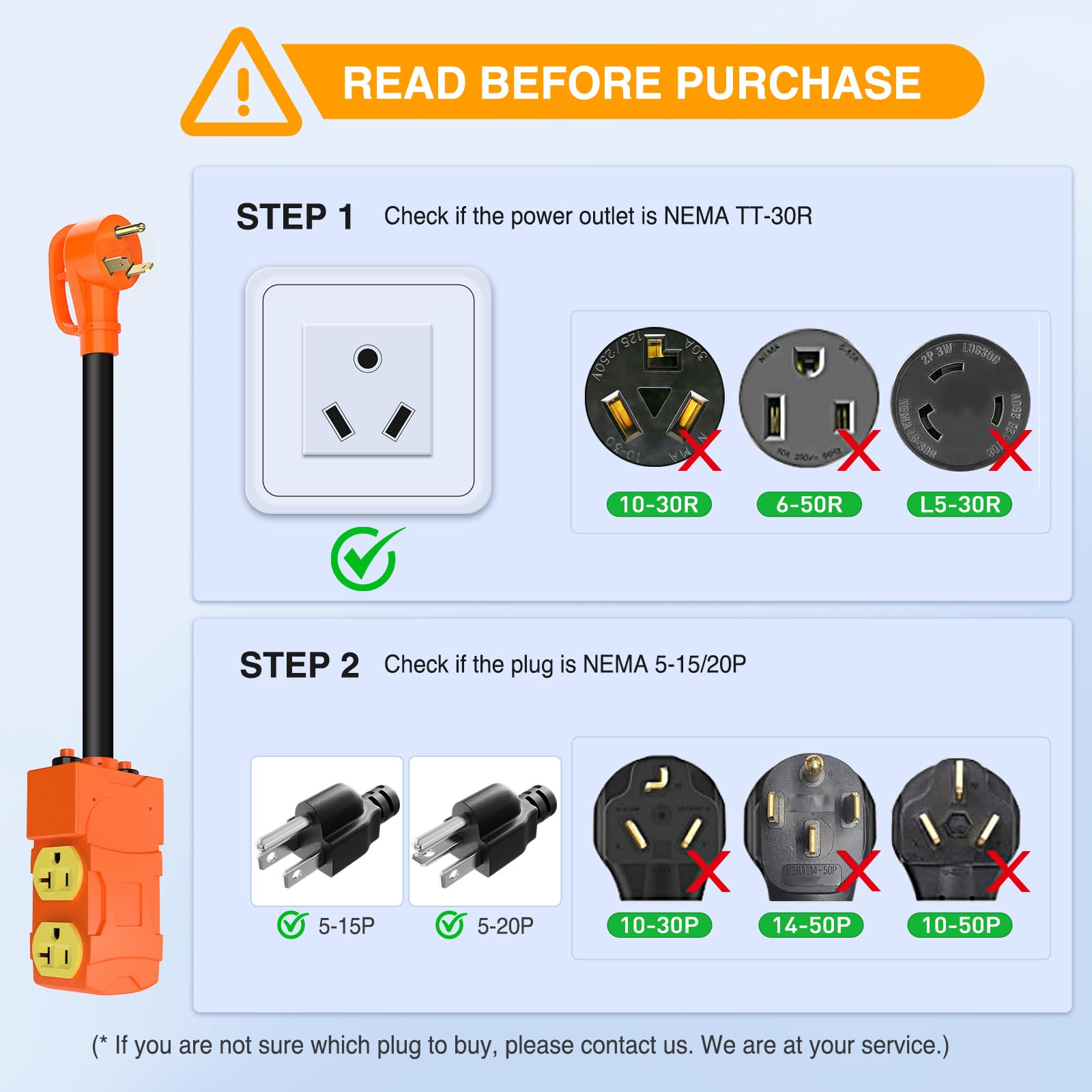 Nilight adapter plugged into RV pedestal providing safe campsite power