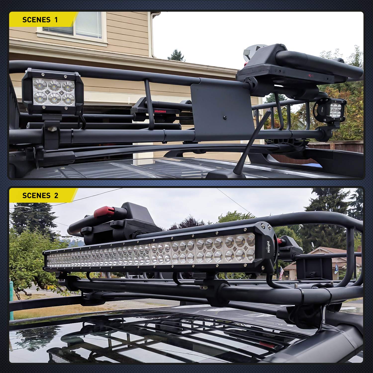 Nilight bracket on vehicle roof rack illustrating no-drill install convenience
