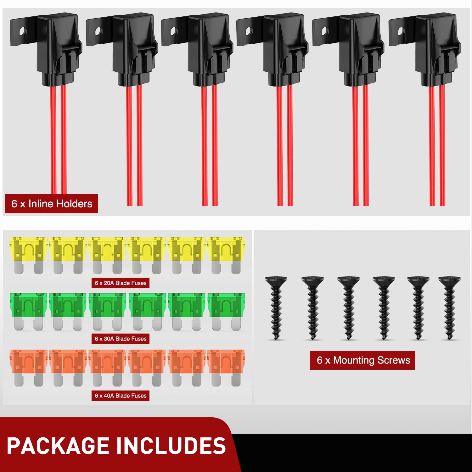 Nilight kit packaging with six holders and assorted blade fuses for convenience