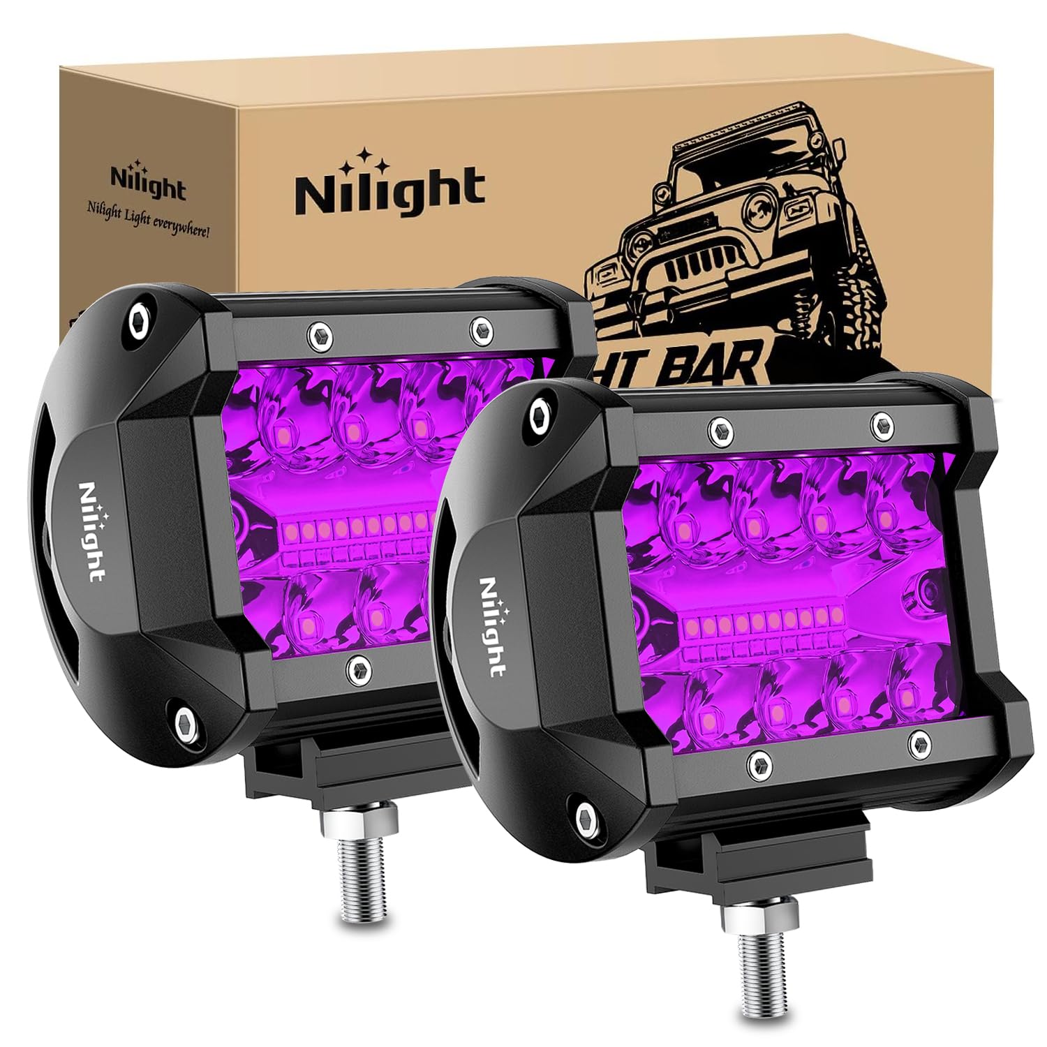 Nilight front view of both purple 4-inch pods showing powerful beam and durable housing