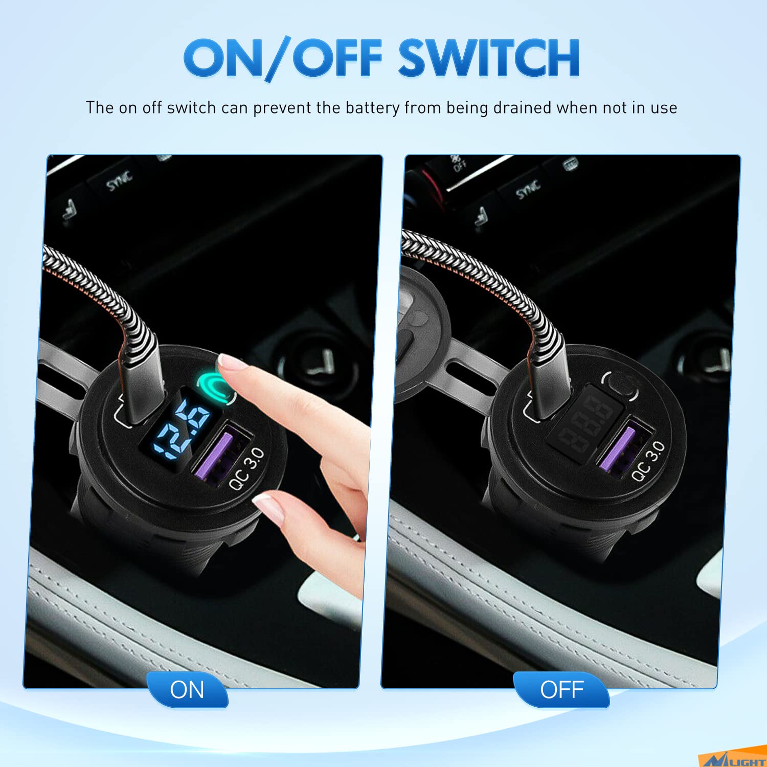 Nilight Quick Charge USB-A port detail enabling rapid top-ups for legacy devices