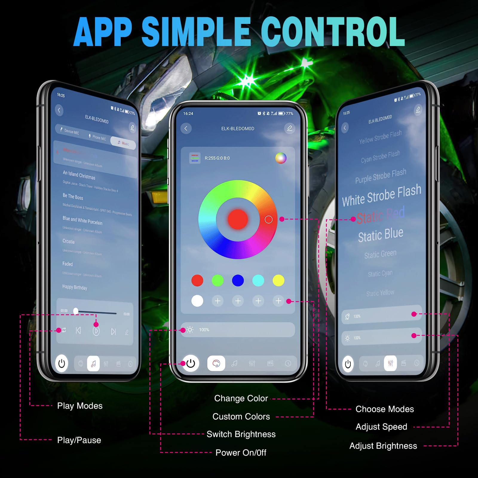 Nilight remote and smartphone app screen, enables precise color and mode control