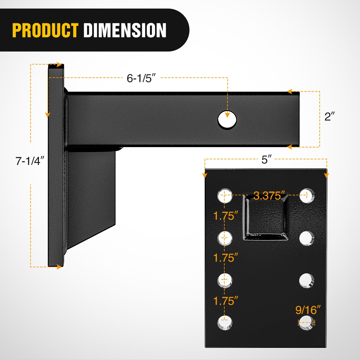 Nilight side profile highlighting 2x9 inch shank and 5x7.38 plate, clear fitment reference