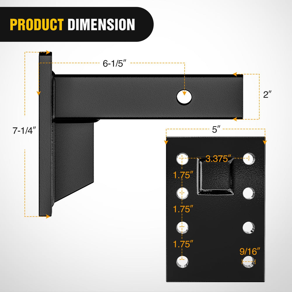 Nilight side profile highlighting 2x9 inch shank and 5x7.38 plate, clear fitment reference