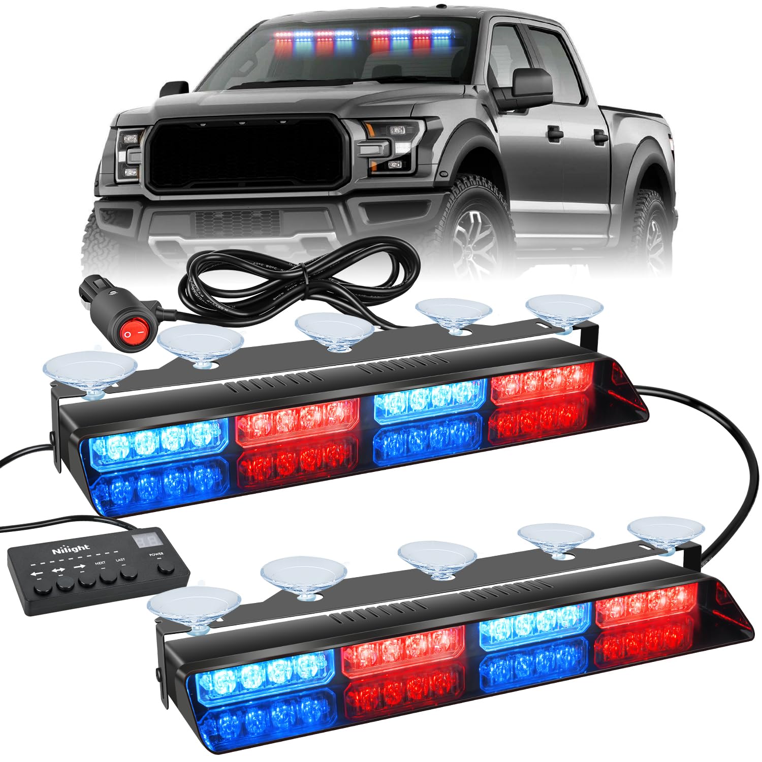 Nilight strobe front view showing red and blue LEDs for high visibility