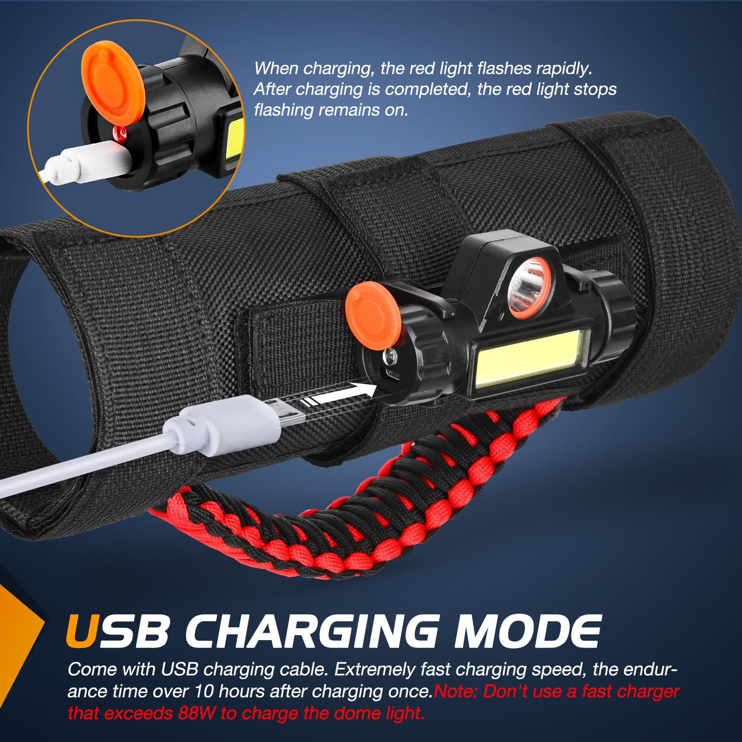 Nilight connected to USB charger demonstrating easy recharging