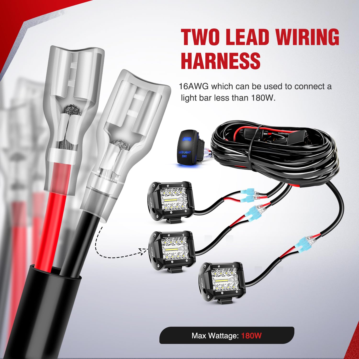 Nilight 16AWG stranded wire and crimped terminals closeup ensuring reliable current