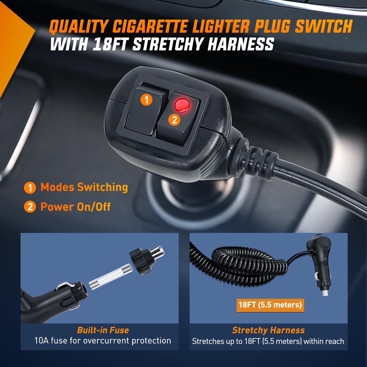 Nilight cigarette lighter plug and 18ft harness showing plug-and-play convenience