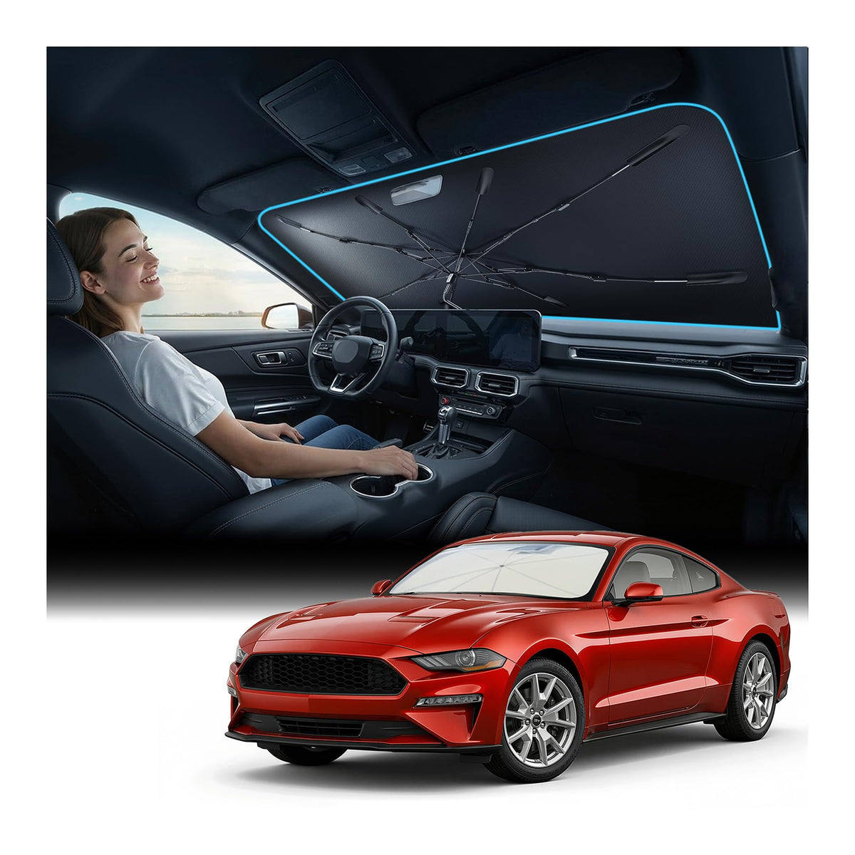 Nmoiss front view on Mustang windshield showing full coverage and protection