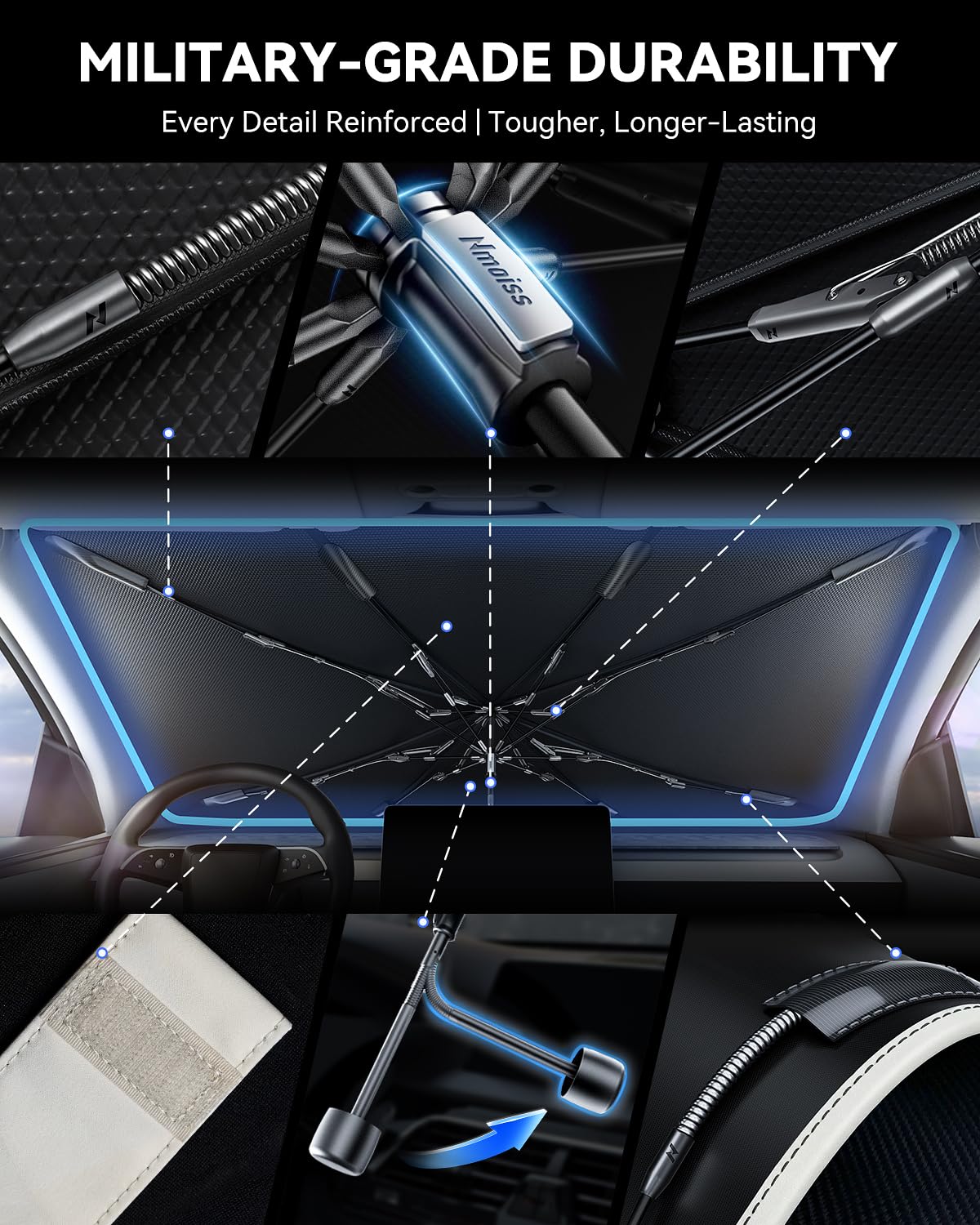 Nmoiss sunshade from dashboard angle showing surface protection to prevent fading and cracking