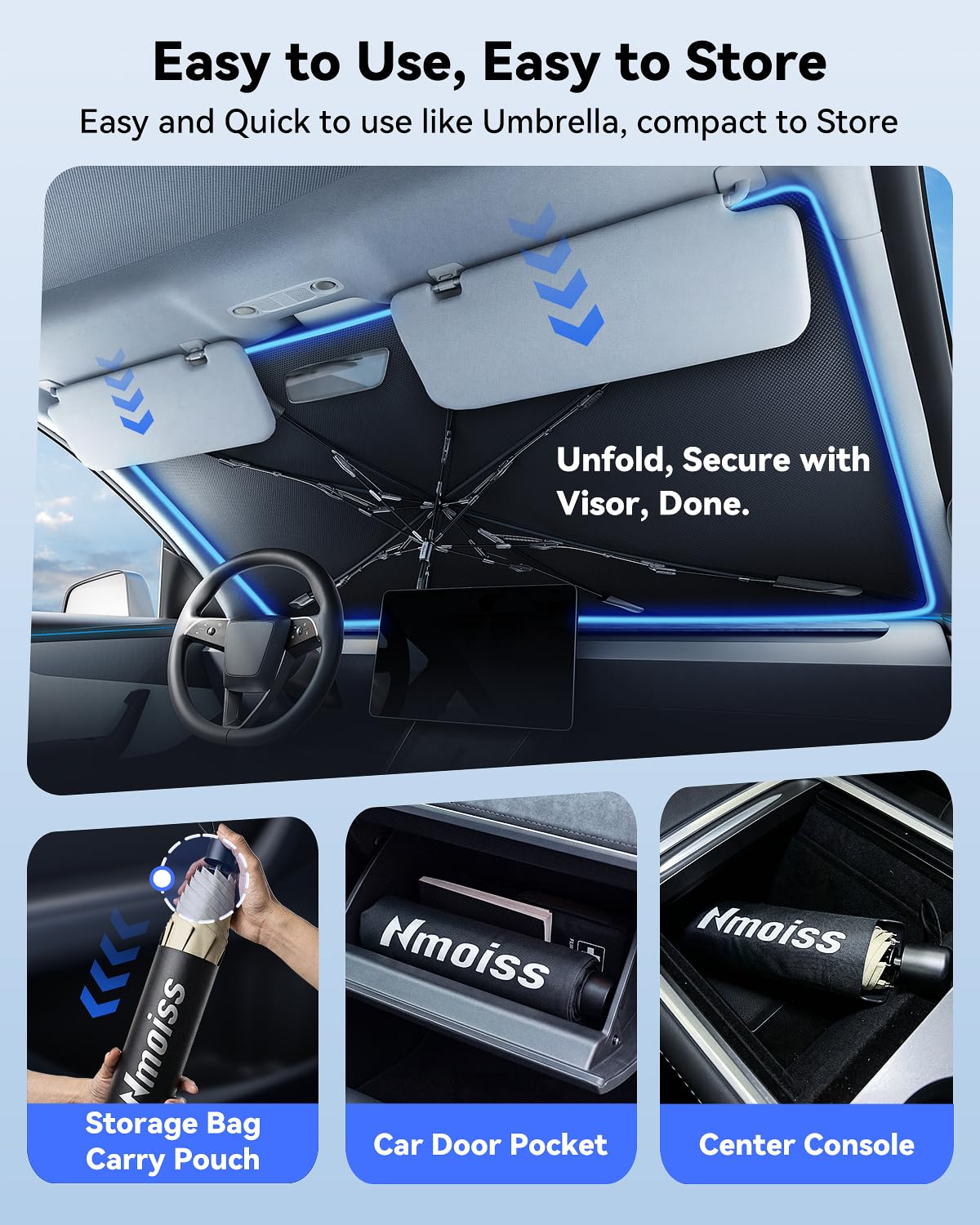 Three Nmoiss sunshade sizes laid out to compare Small, Medium, and Large for vehicle fit clarity