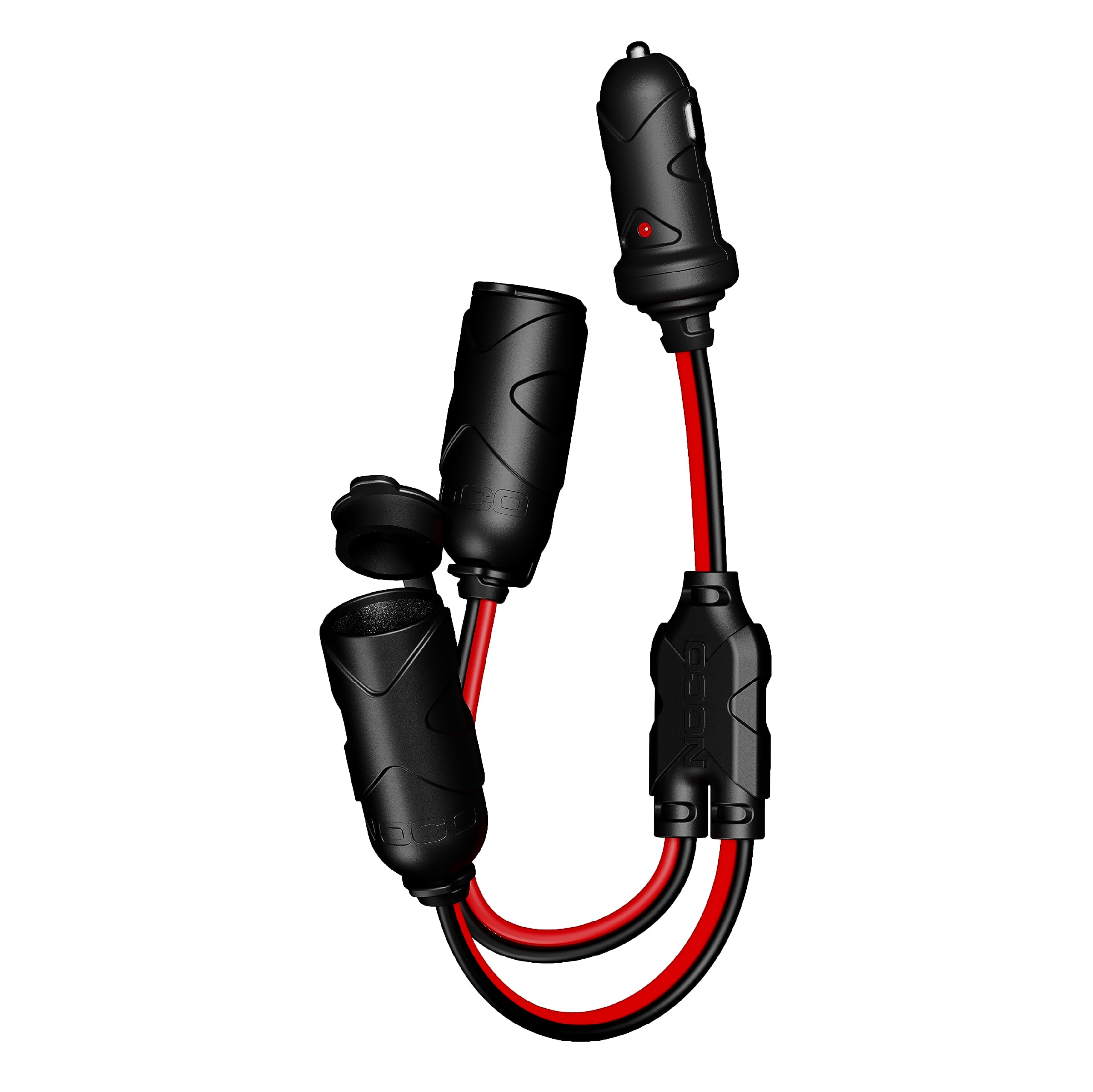 NOCO GC020 front view showing dual outlets and plug, quick dual-power benefit