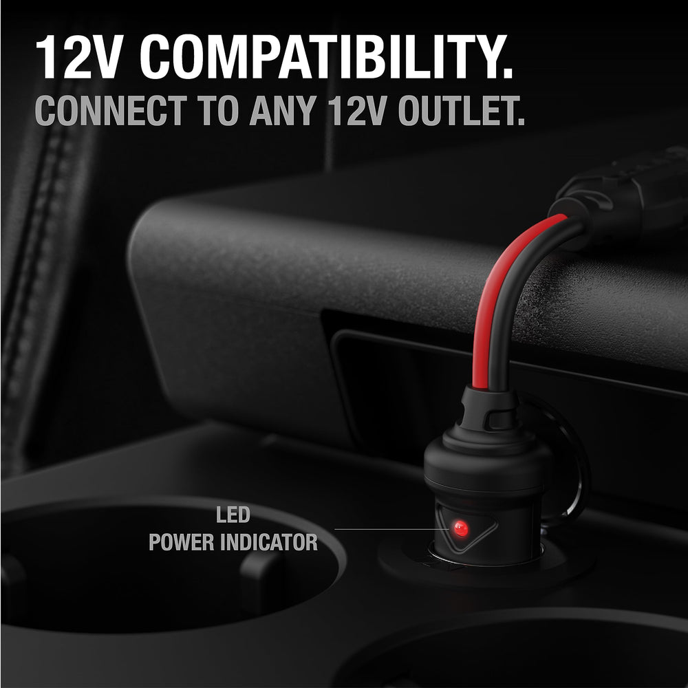NOCO GC020 plugged into car outlet powering accessories, convenient dual power benefit