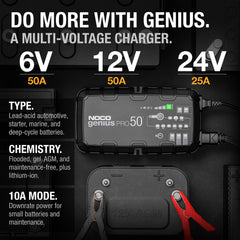 NOCO GENIUSPRO50 thermal sensor close-up ensuring temperature-adaptive charging protection