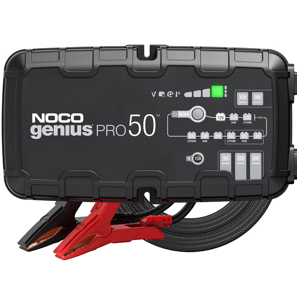 NOCO GENIUSPRO50 front panel showing controls and display for professional charging benefit