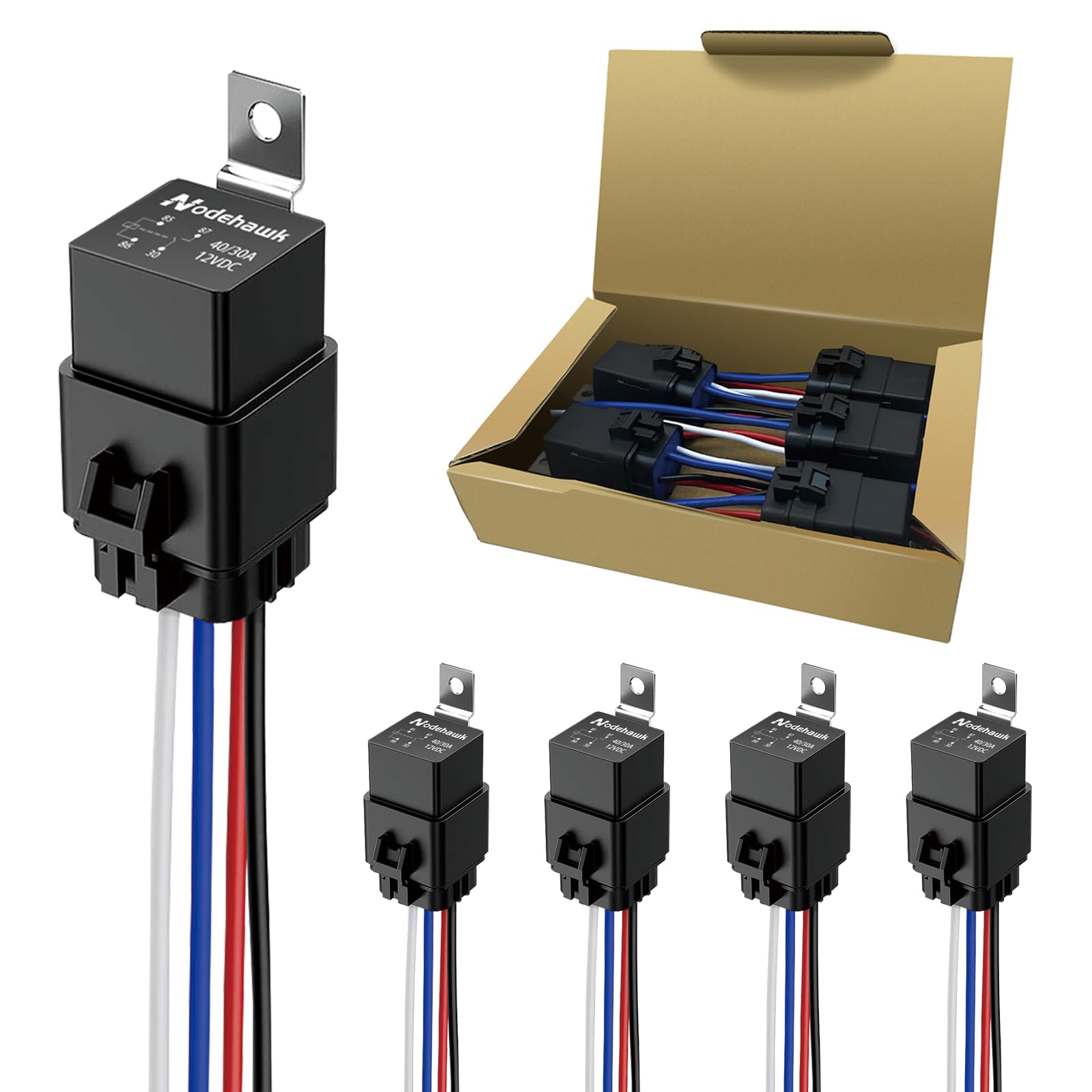 nodehawk front packaging showing five sealed relays and harnesses for easy replacement benefit