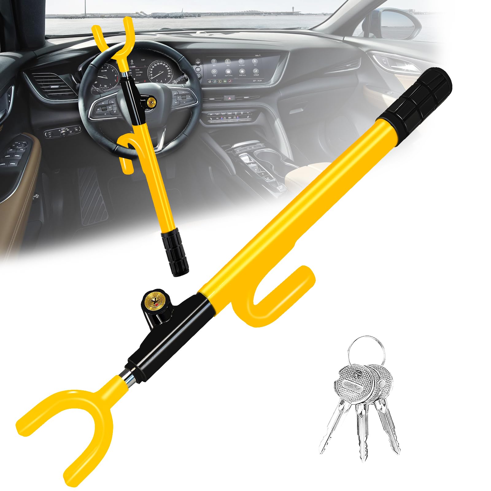 NOEAIKE front view of yellow steering wheel lock showing deterrent benefit