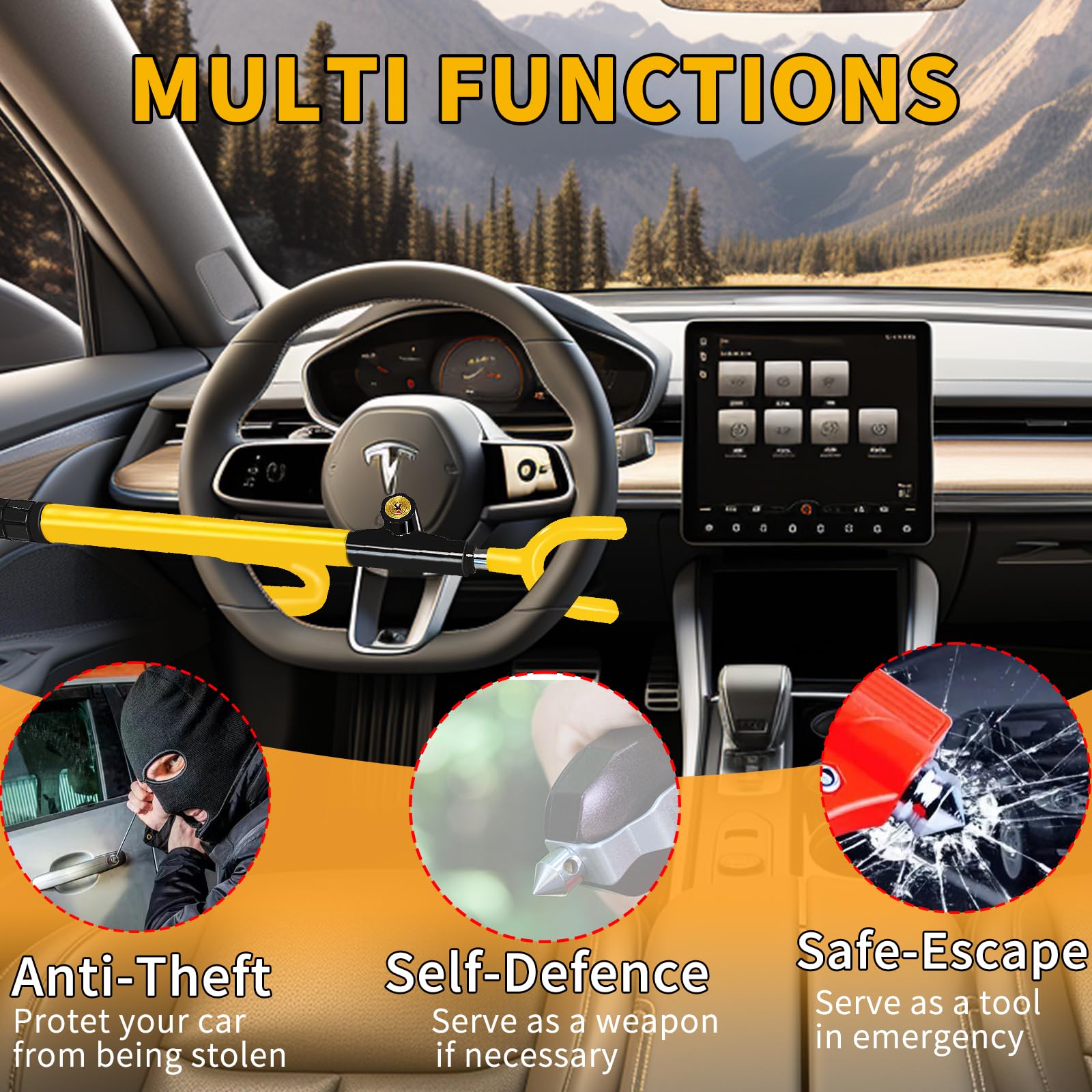 NOEAIKE lock installed on steering wheel illustrating visible theft deterrent