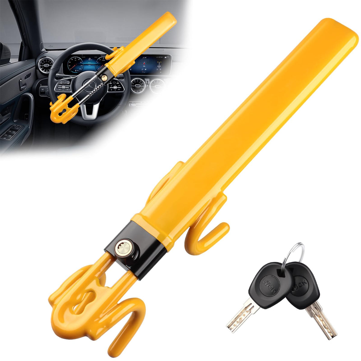 NOEAIKE front view of yellow steering wheel lock showing deterrent benefit