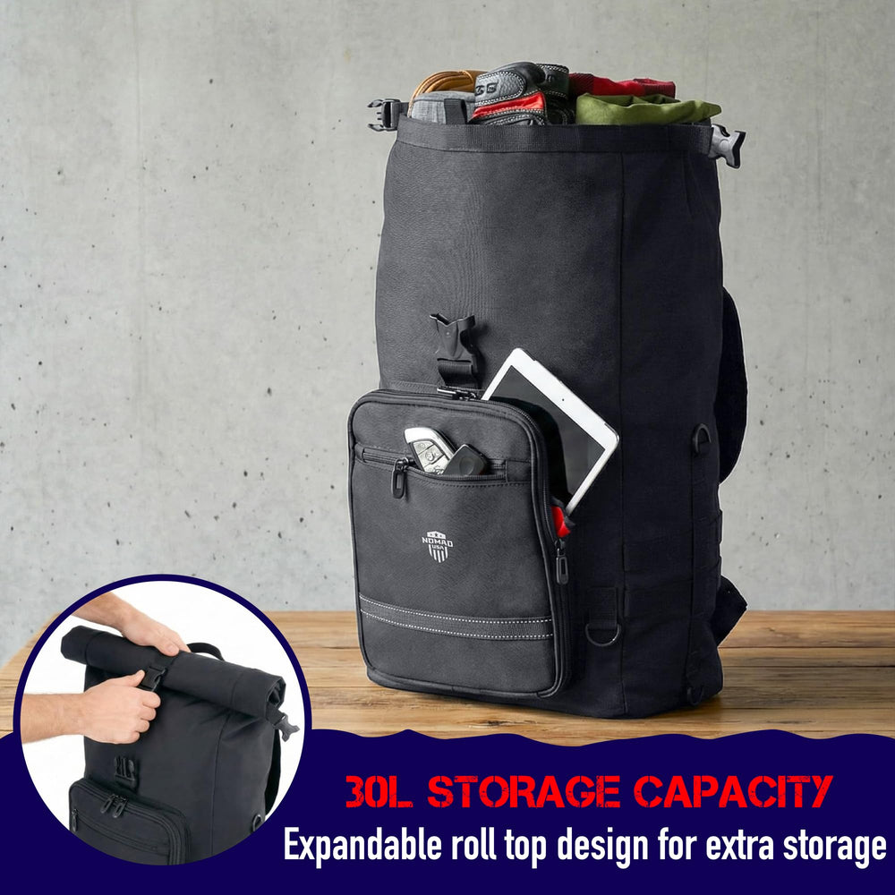 Nomad USA convertible shoulder strap in use offering comfortable off-bike carry