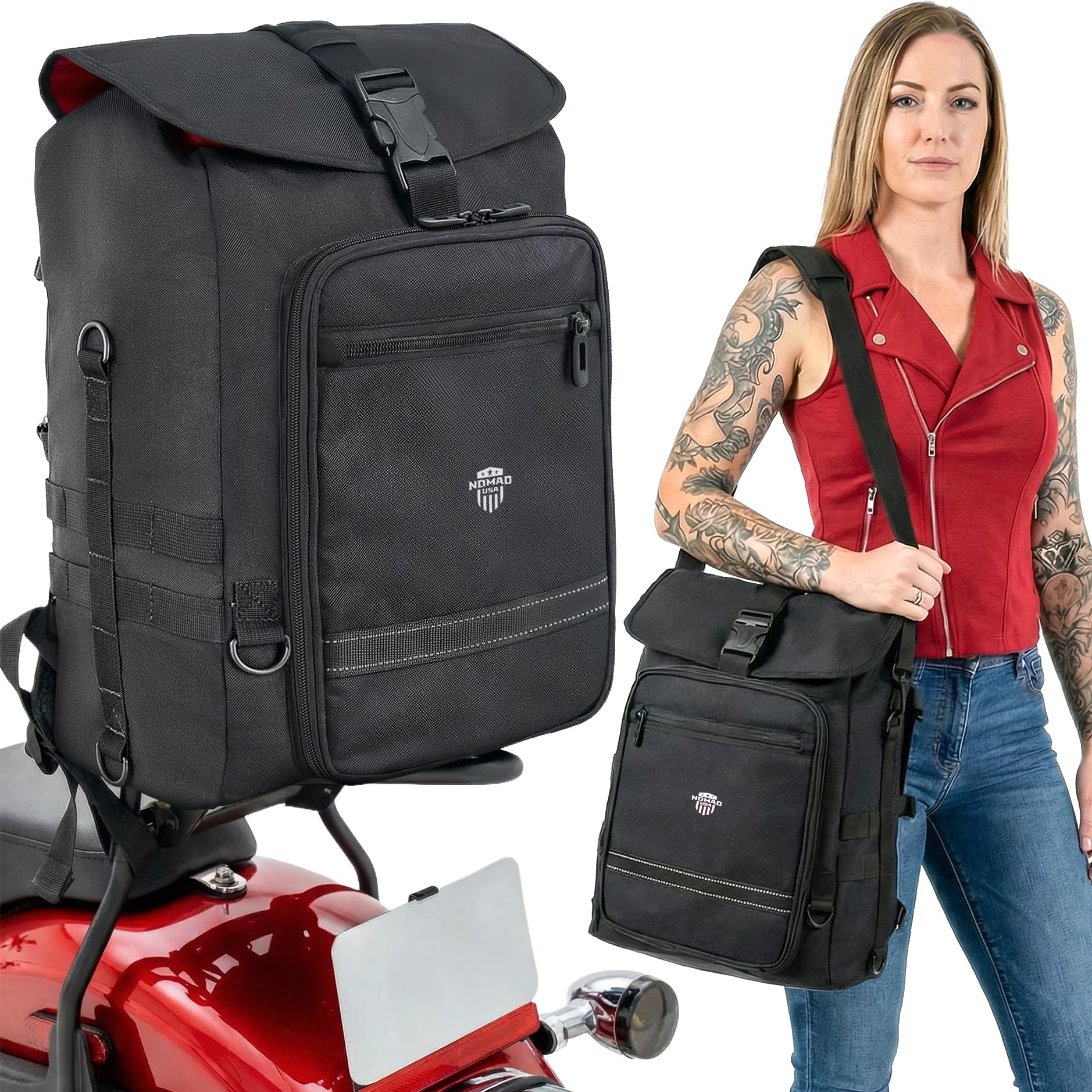 Nomad USA front view showing streamlined bag and easy access pockets benefit organization