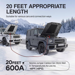 NOONE cables in use between two cars demonstrating reliable vehicle-to-vehicle jump starting