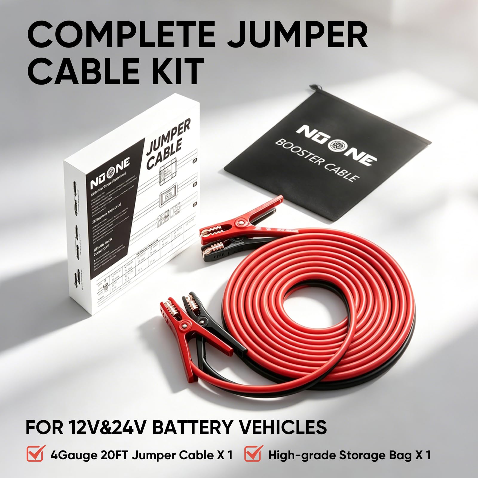 NOONE roadside emergency kit scene showing jumper cables as a dependable backup