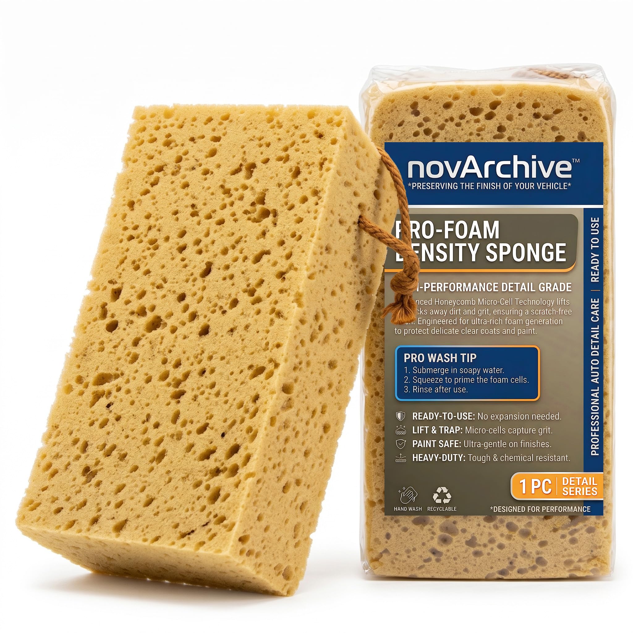NOVARCHIVE front view of full-size sponge showing ready-to-use shape and value