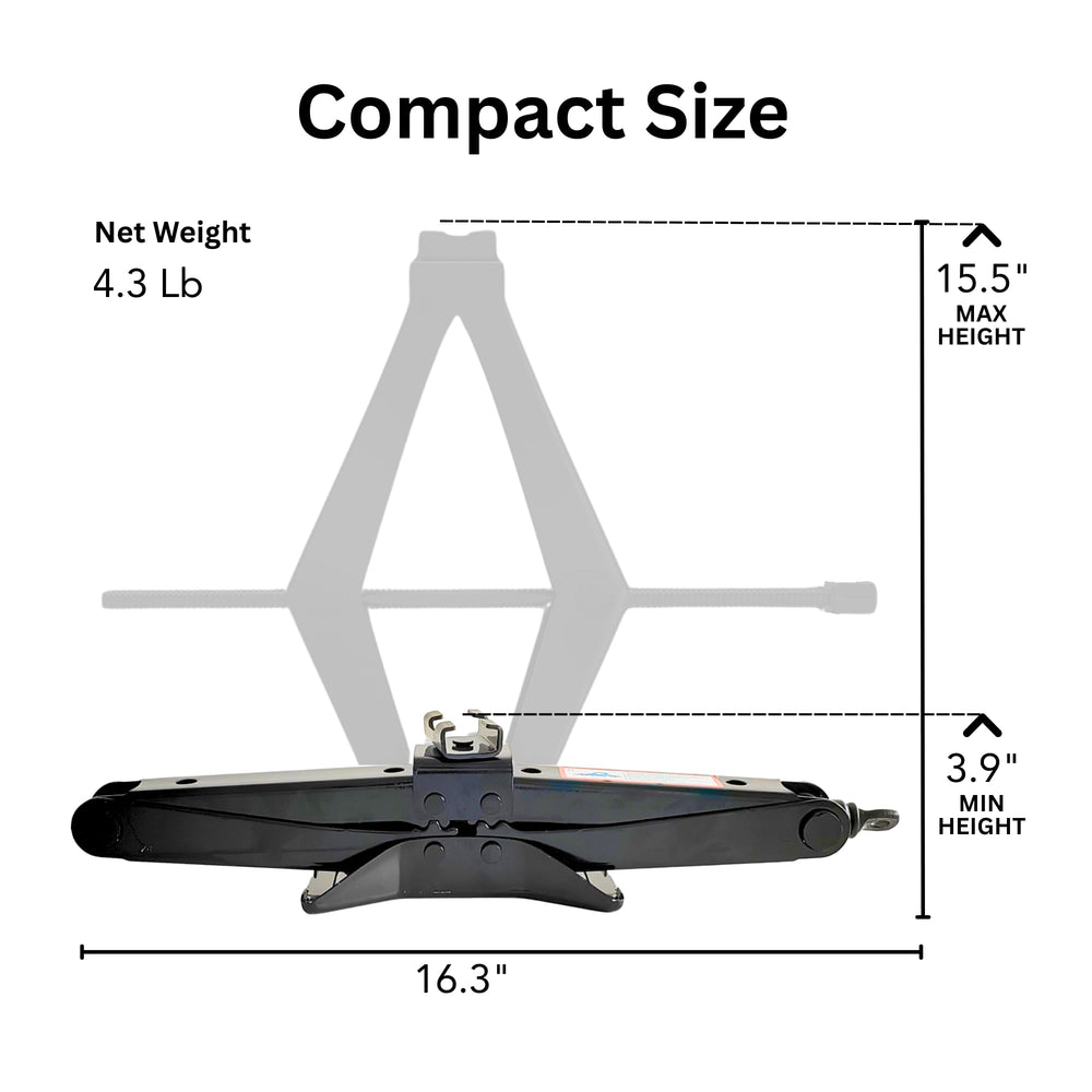 Noviitus jack next to car wheel showing scale and practical lifting height