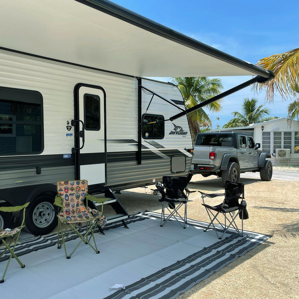 NOVINO lifestyle image of camper door closed offering privacy and cooler interior