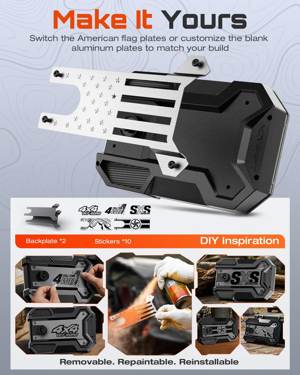 NOVSIGHT removable aluminum backplate and stickers for custom styling options