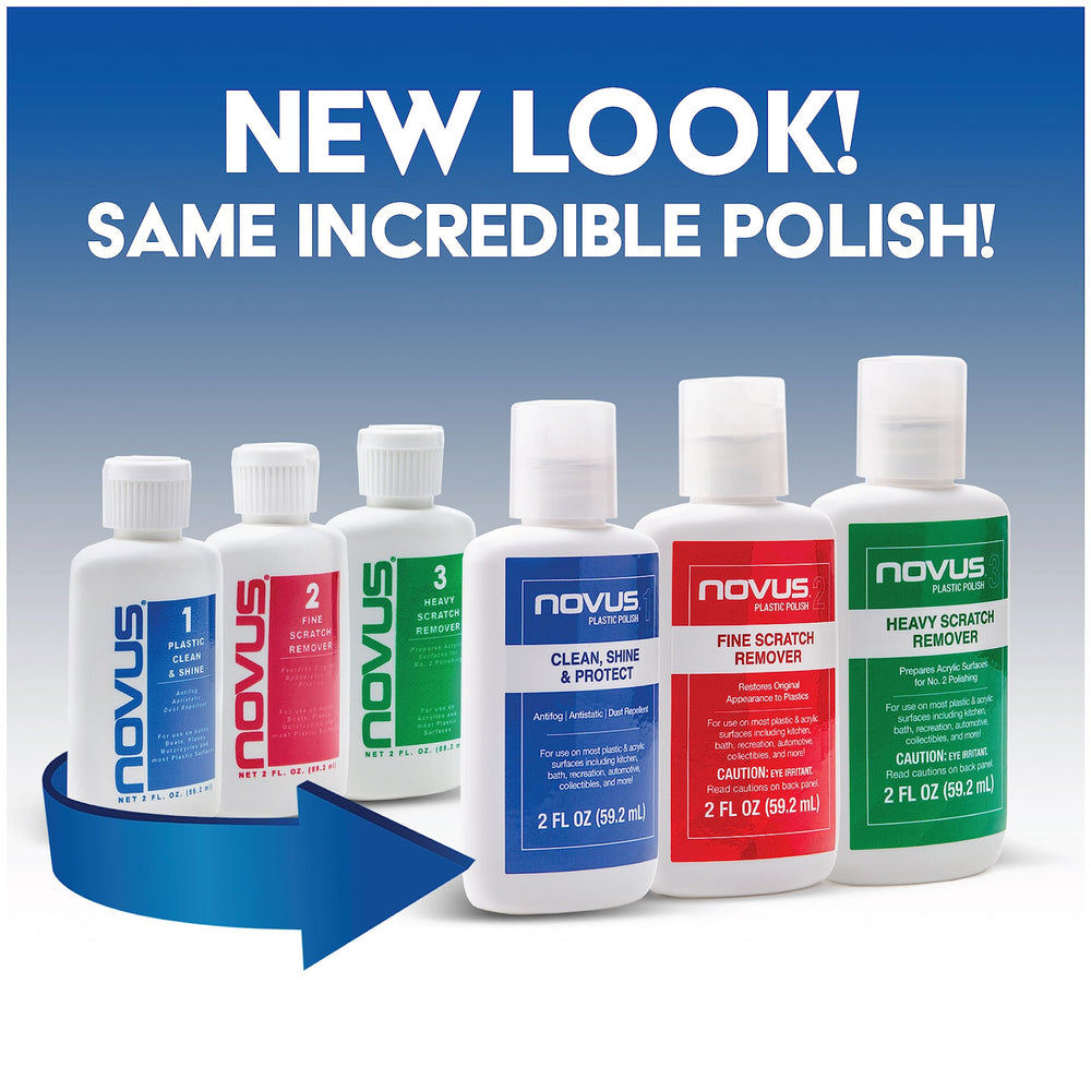 Novus bottle labels close-up showing #1, #2, #3 formulas and clear usage guidance for precise selection