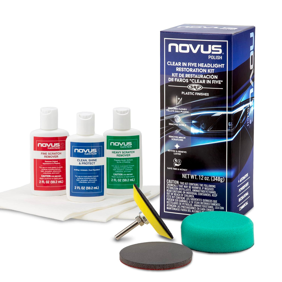 Novus front packaging showing the Clear in Five kit and tools for quick restoration
