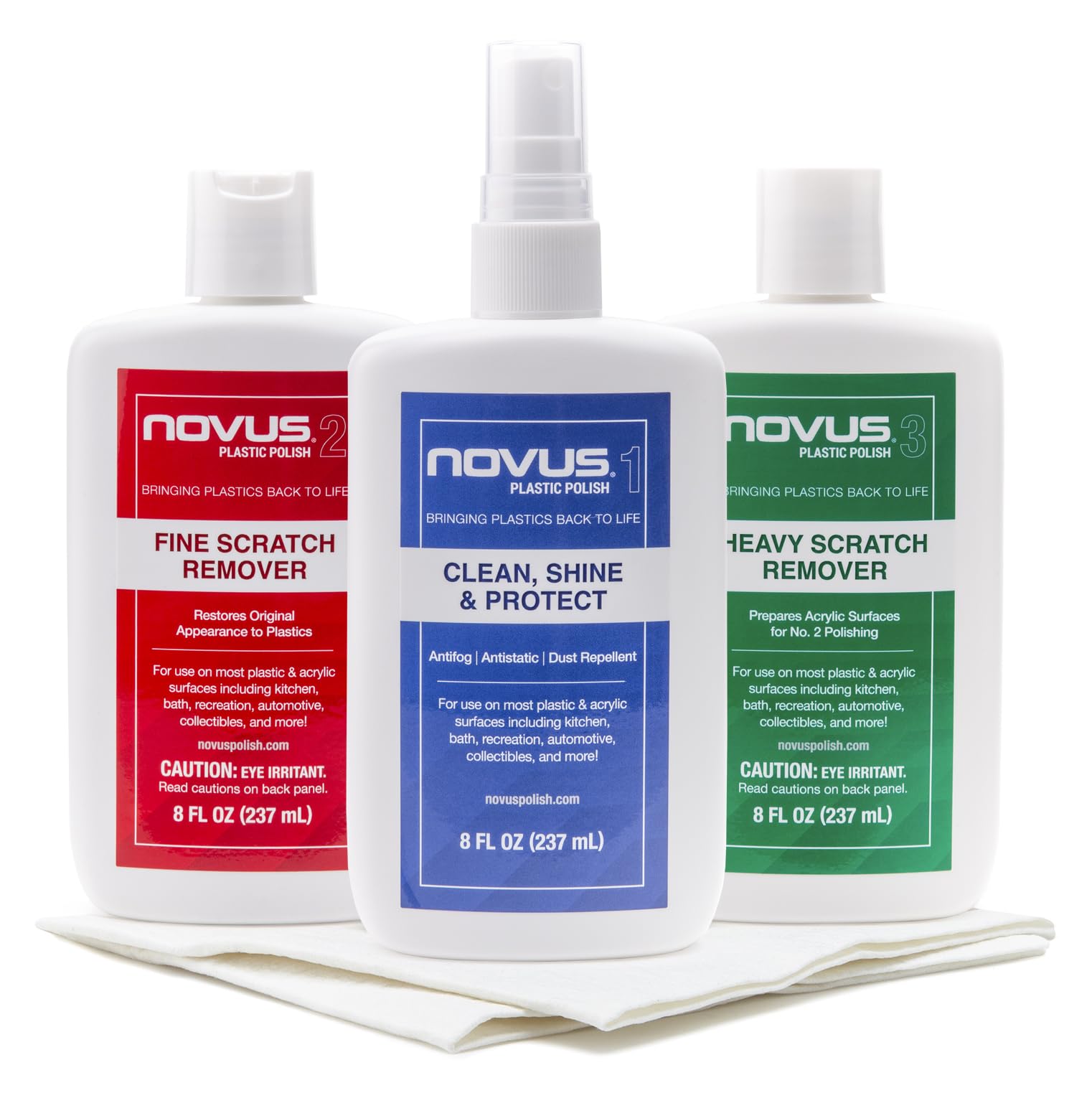 Novus kit front packaging showing all three 8-ounce bottles and Polish Mates towels for easy restoration