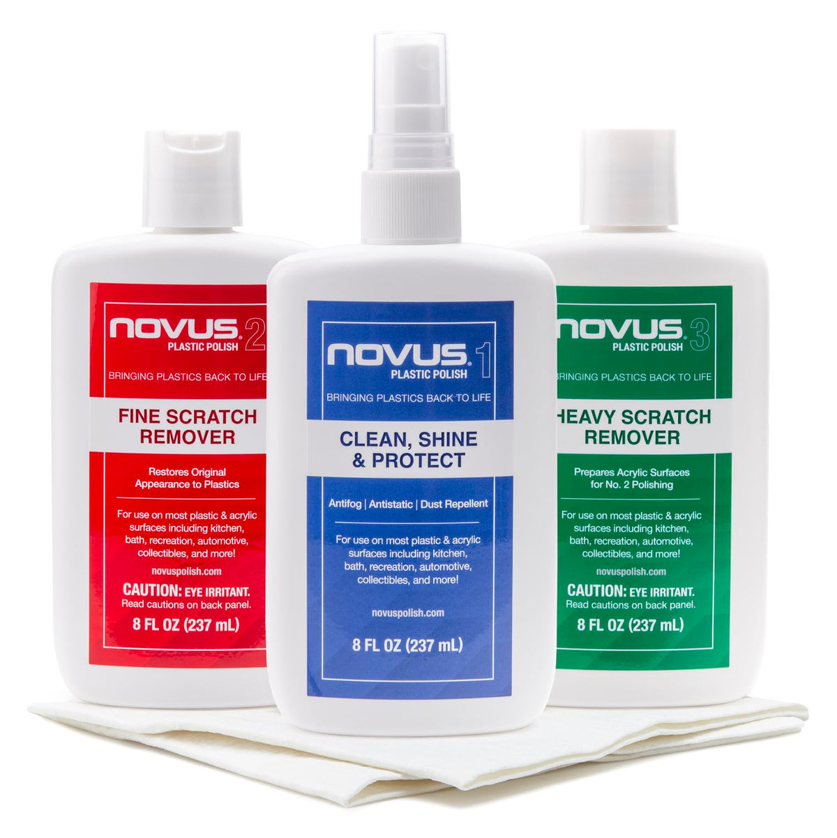 Novus kit front packaging showing all three 8-ounce bottles and Polish Mates towels for easy restoration