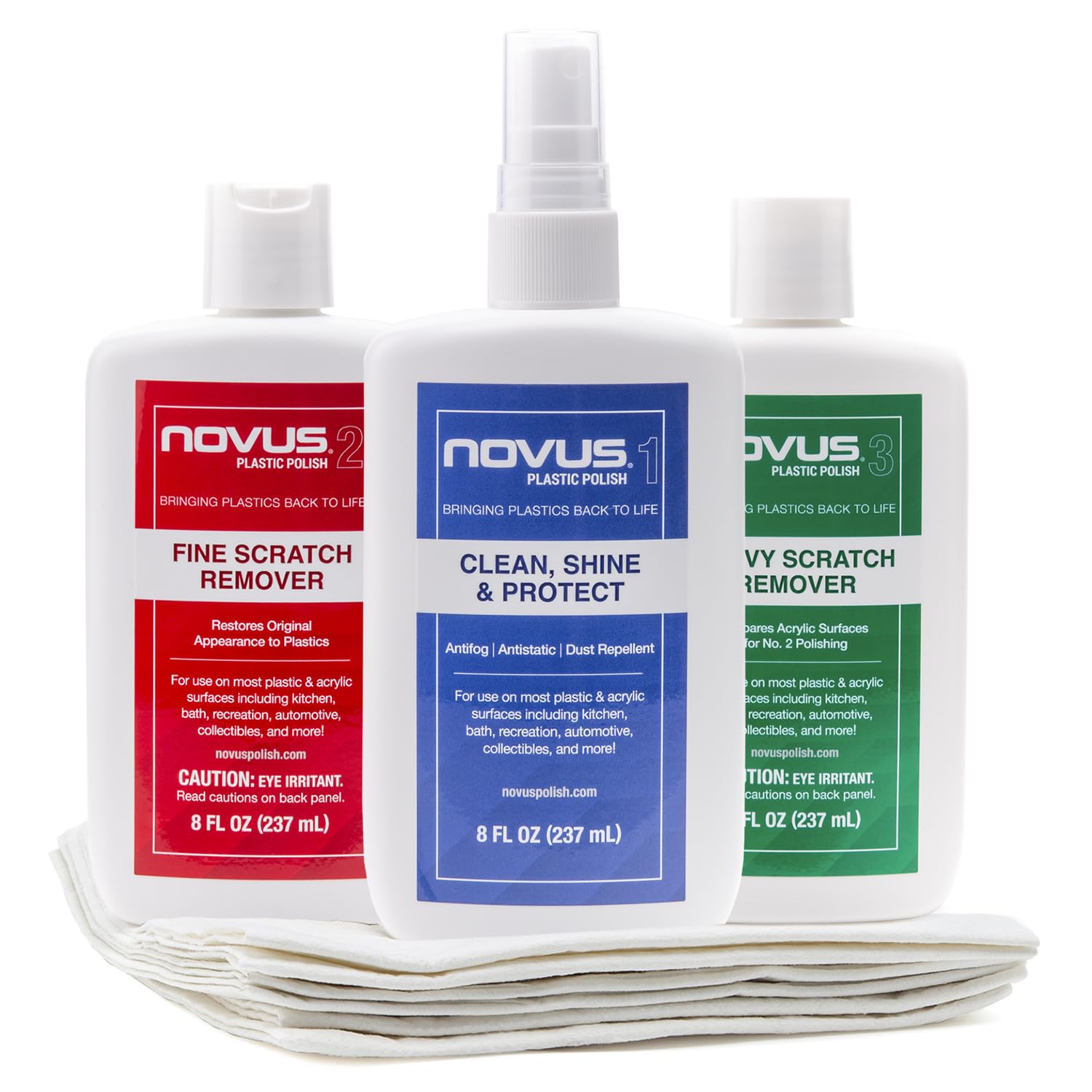 Novus front view showing bottles and Polish Mates for clear results