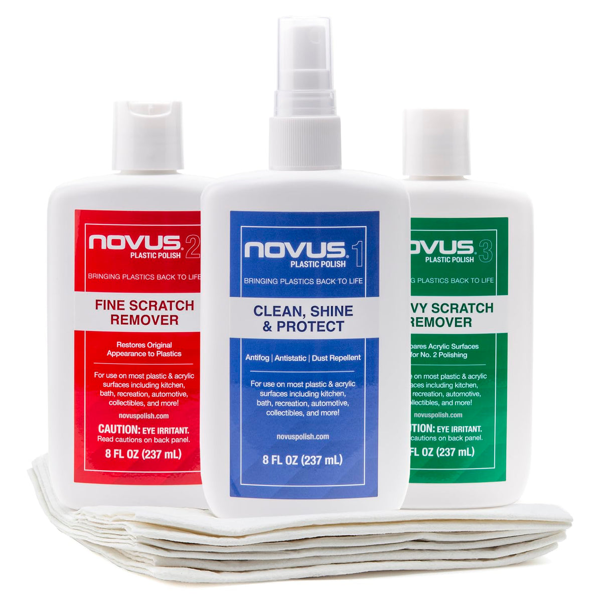 Novus front view showing bottles and Polish Mates for clear results