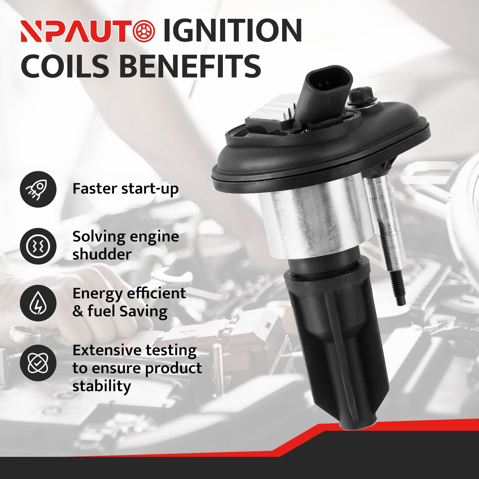 NPAUTO ignition coil close-up on terminal, clear contact for improved spark delivery