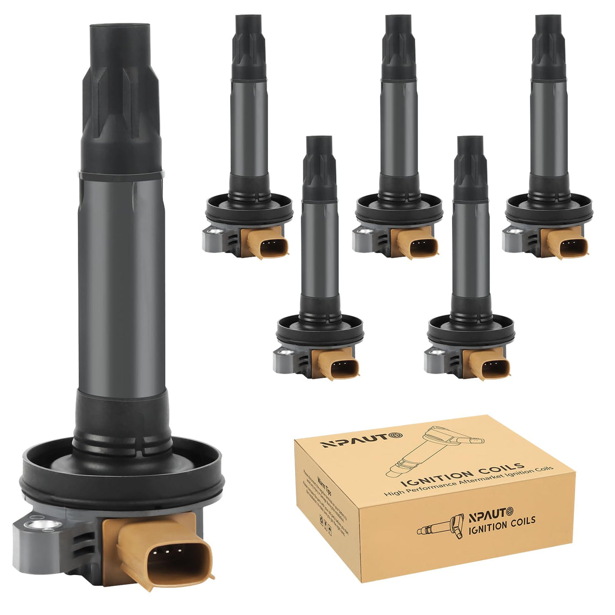 NPAUTO ignition coils front packaging showing six-coil set and fitment benefit