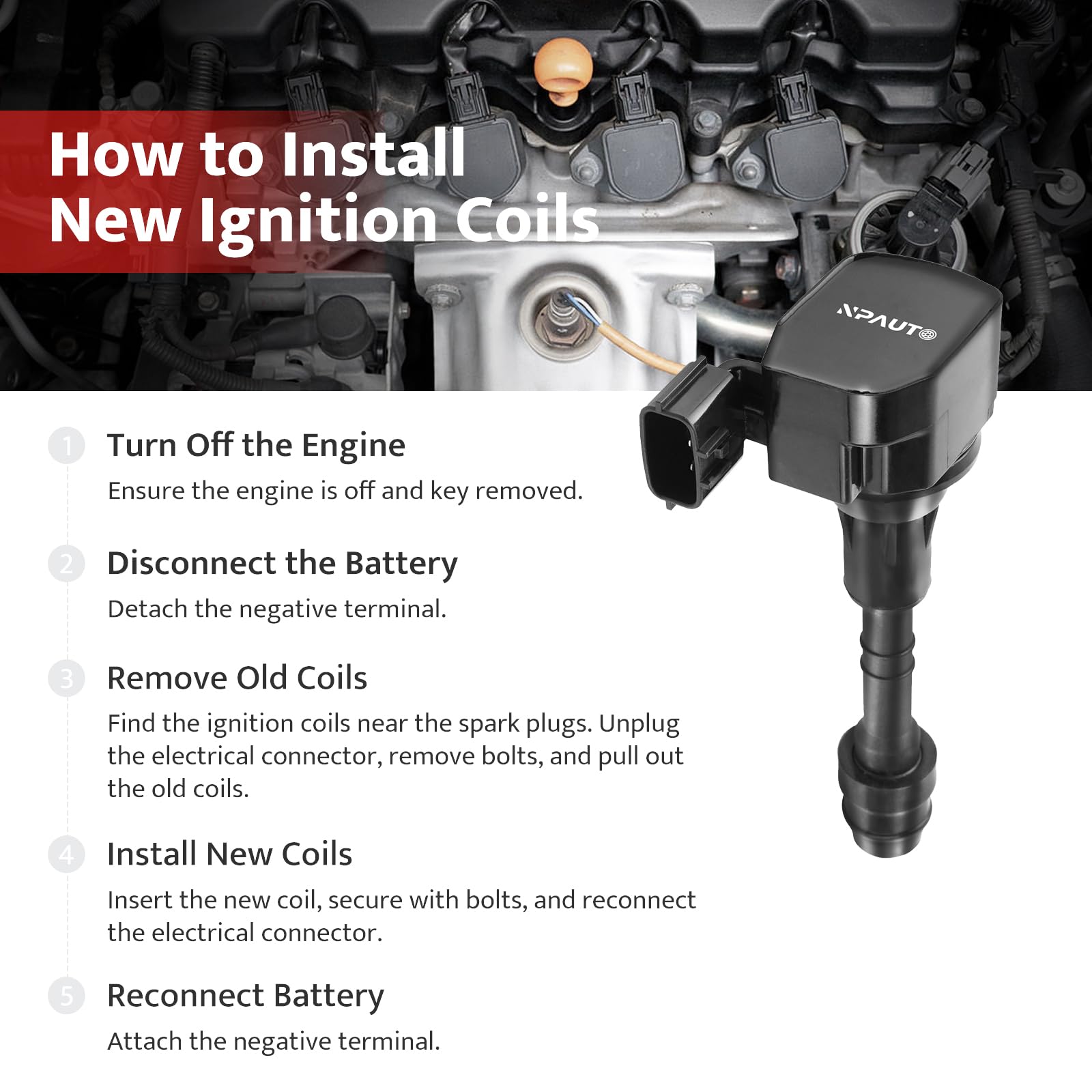 NPAUTO six coils and six plugs laid out to illustrate full-bank replacement convenience