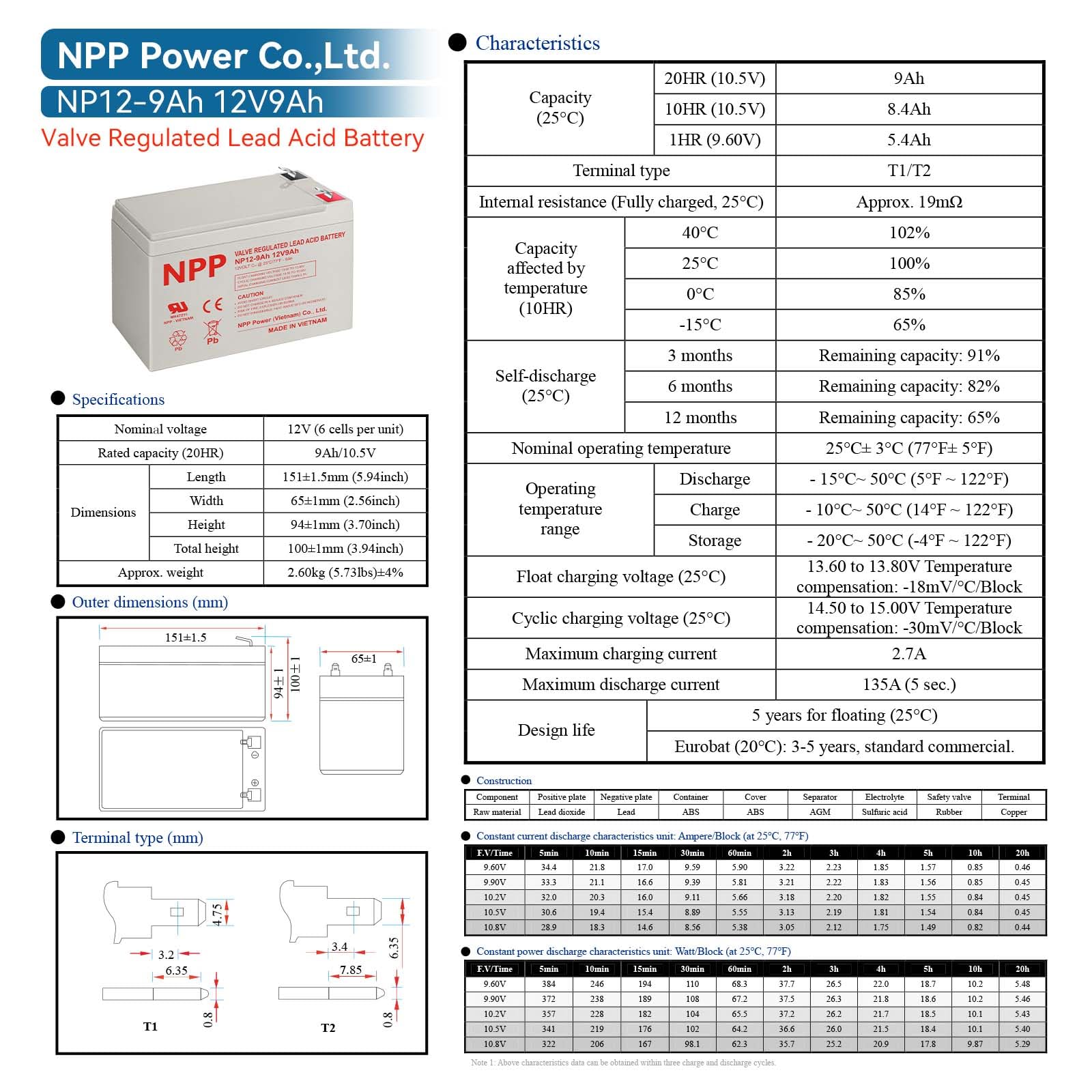 NPP NP12-9Ah AGM construction graphic illustrating sealed, maintenance-free cells