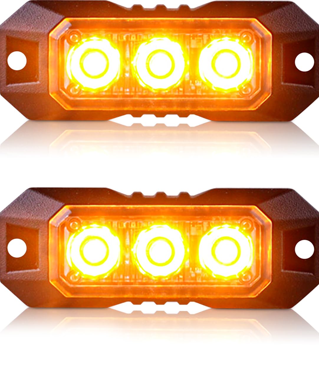 Nrgedzam front view of amber 3-LED strobe light showing compact grille fit and visibility benefit