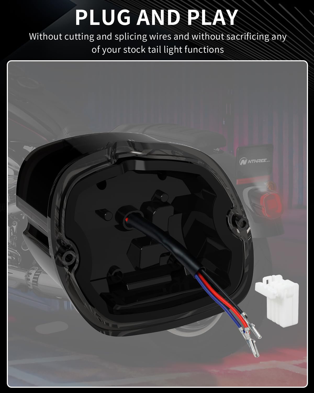 NTHREEAUTO tail light next to adapter harness showing plug-and-play fitment benefit